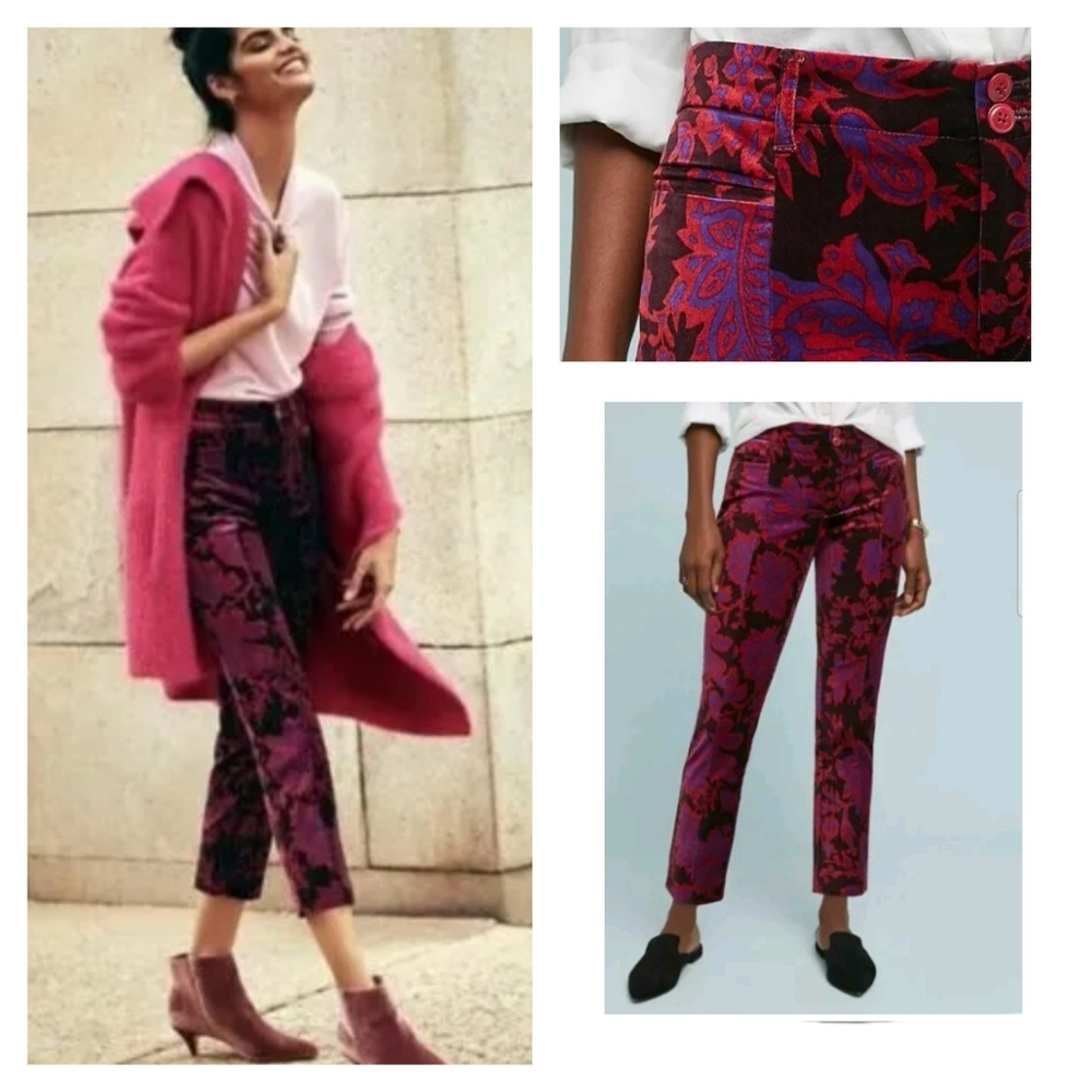 Anthropologie Velvet Print Ankle Pant Size 4 The Essential Slim Holiday Dressy